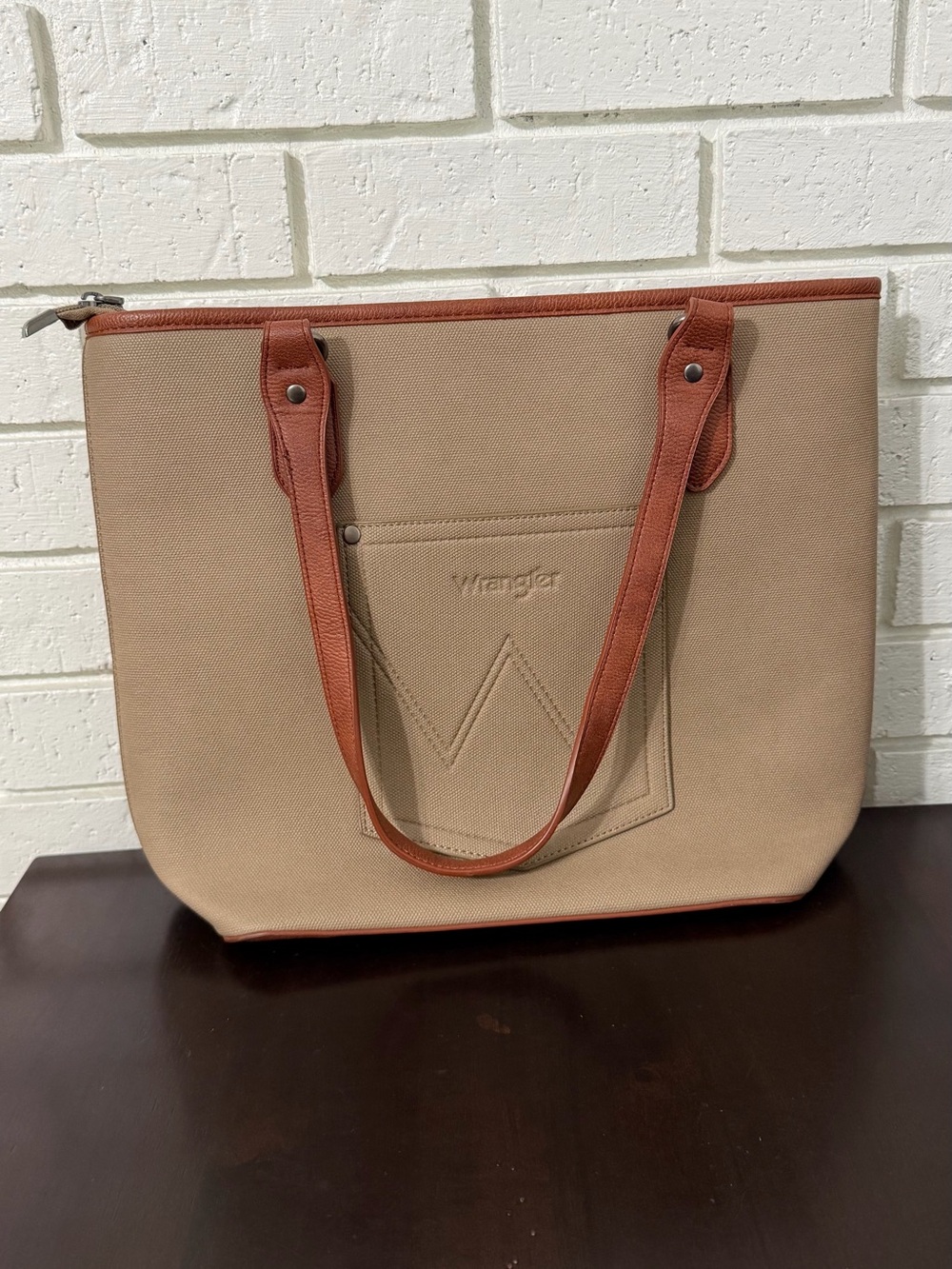 Wrangler Logo Waxed Canvas Tote Bag Khaki Brown Zip Top Shoulder Purse - Picture 2 of 5